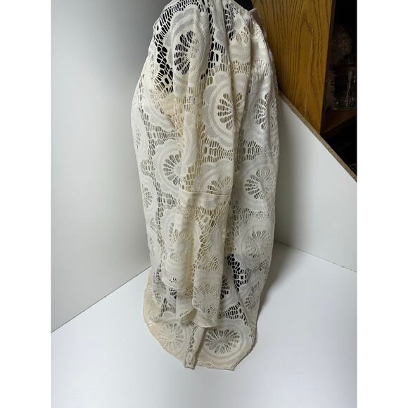 Boho Chic Women’s Blouse Sz Small Crochet White 3/4 Bell Sleeve House of Trends - Picture 9 of 10